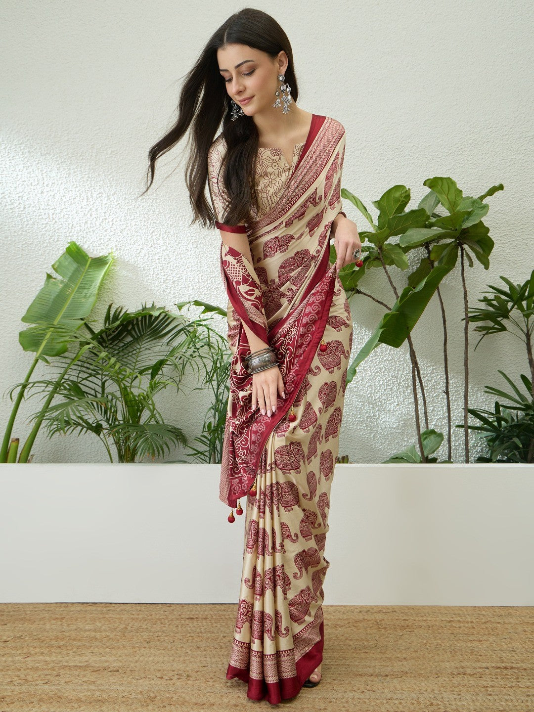 Premium Cream Satin Saree With Artistic Elephant Print And Tassel Pallu Accent - Image 7
