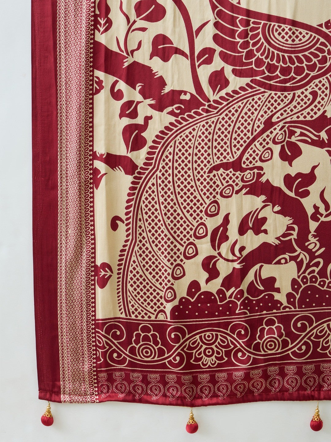Premium Cream Satin Saree With Artistic Elephant Print And Tassel Pallu Accent - Image 2