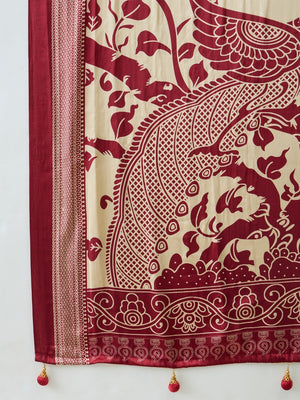 Premium Cream Satin Saree With Artistic Elephant Print And Tassel Pallu Accent - Image 2