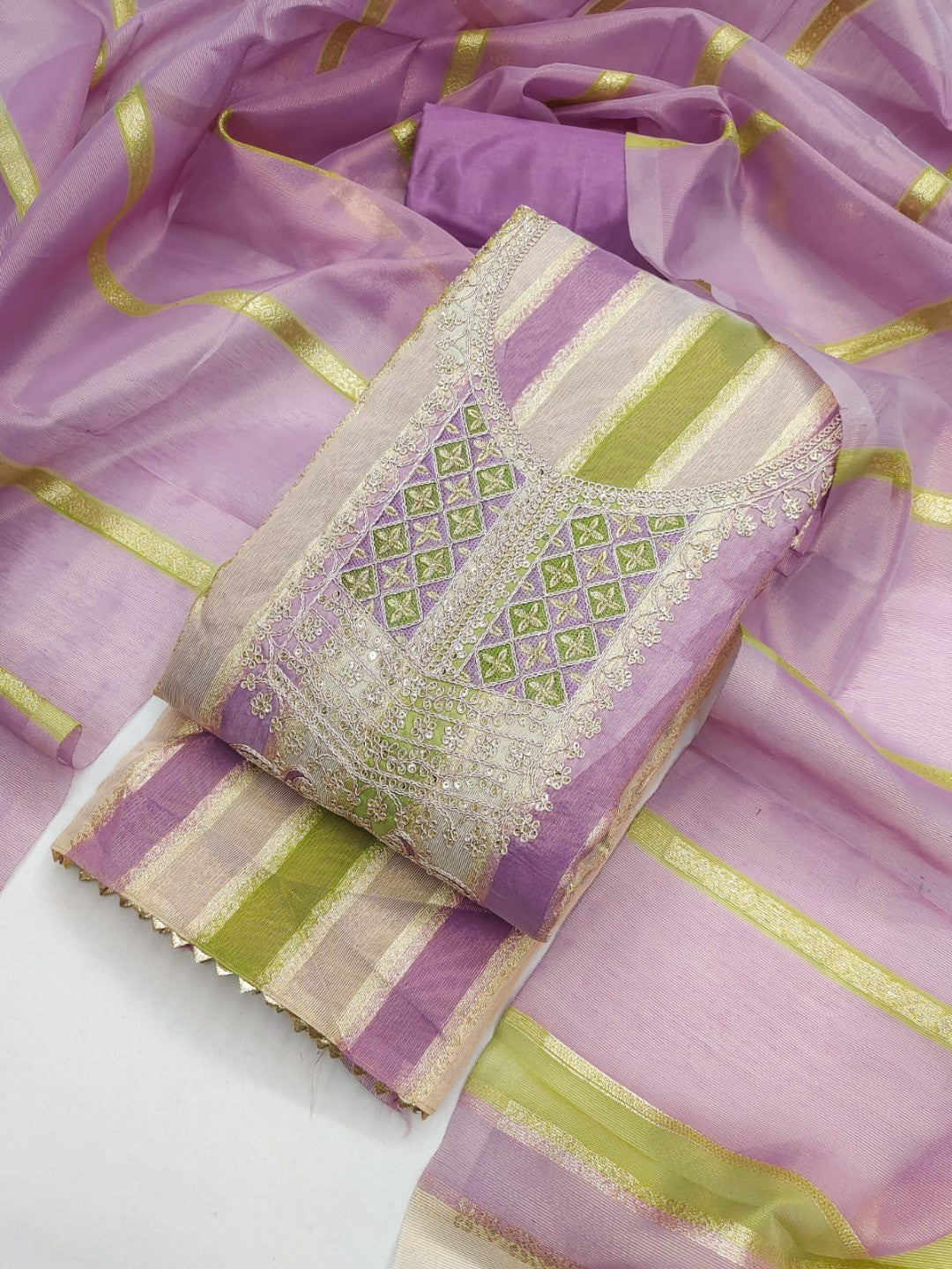 Radiant Lavender Striped Weaving Shimmer Dress Material With Elegant Cording Embroidery Work - Image 1