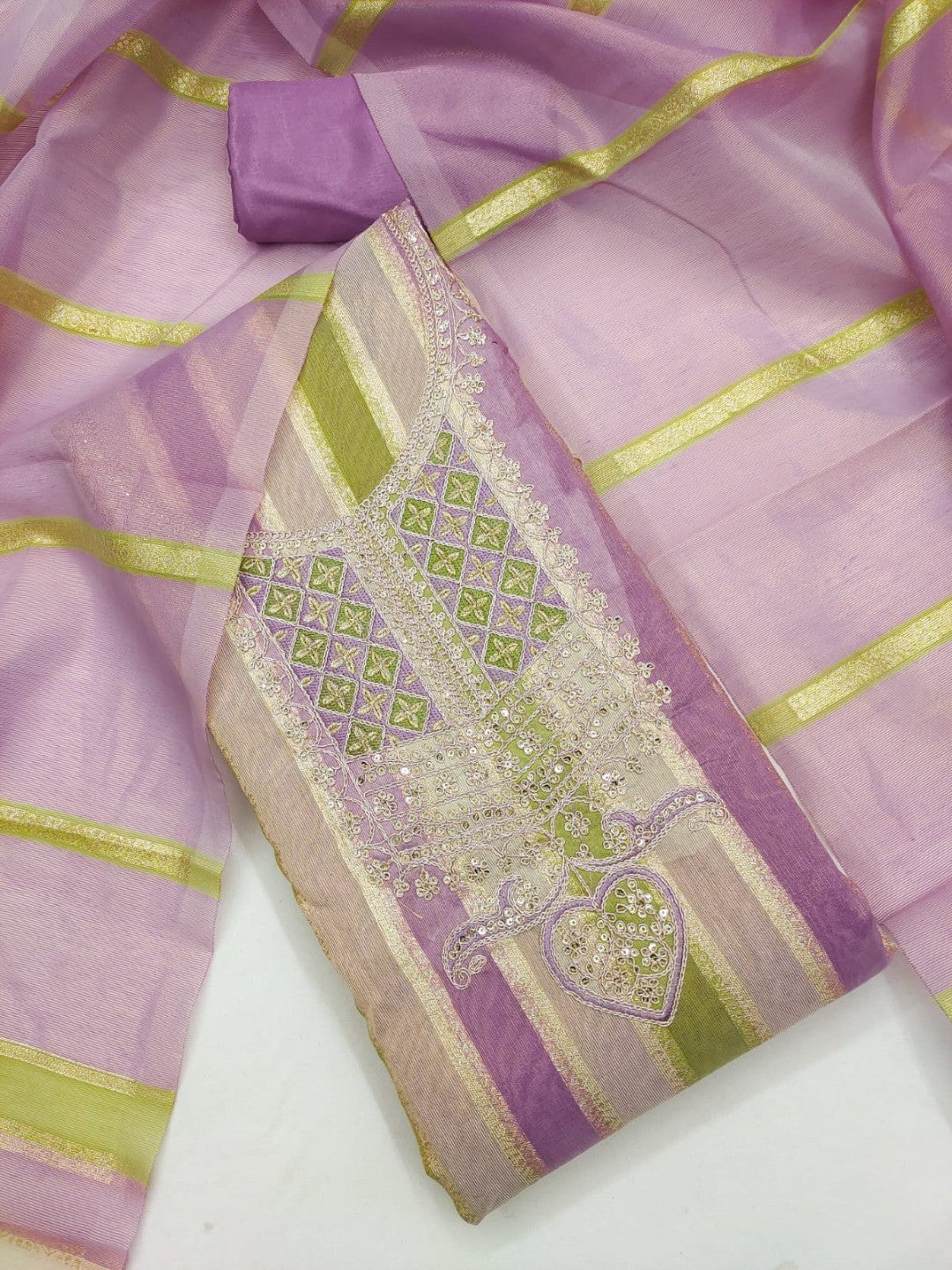 Radiant Lavender Striped Weaving Shimmer Dress Material With Elegant Cording Embroidery Work - Image 6