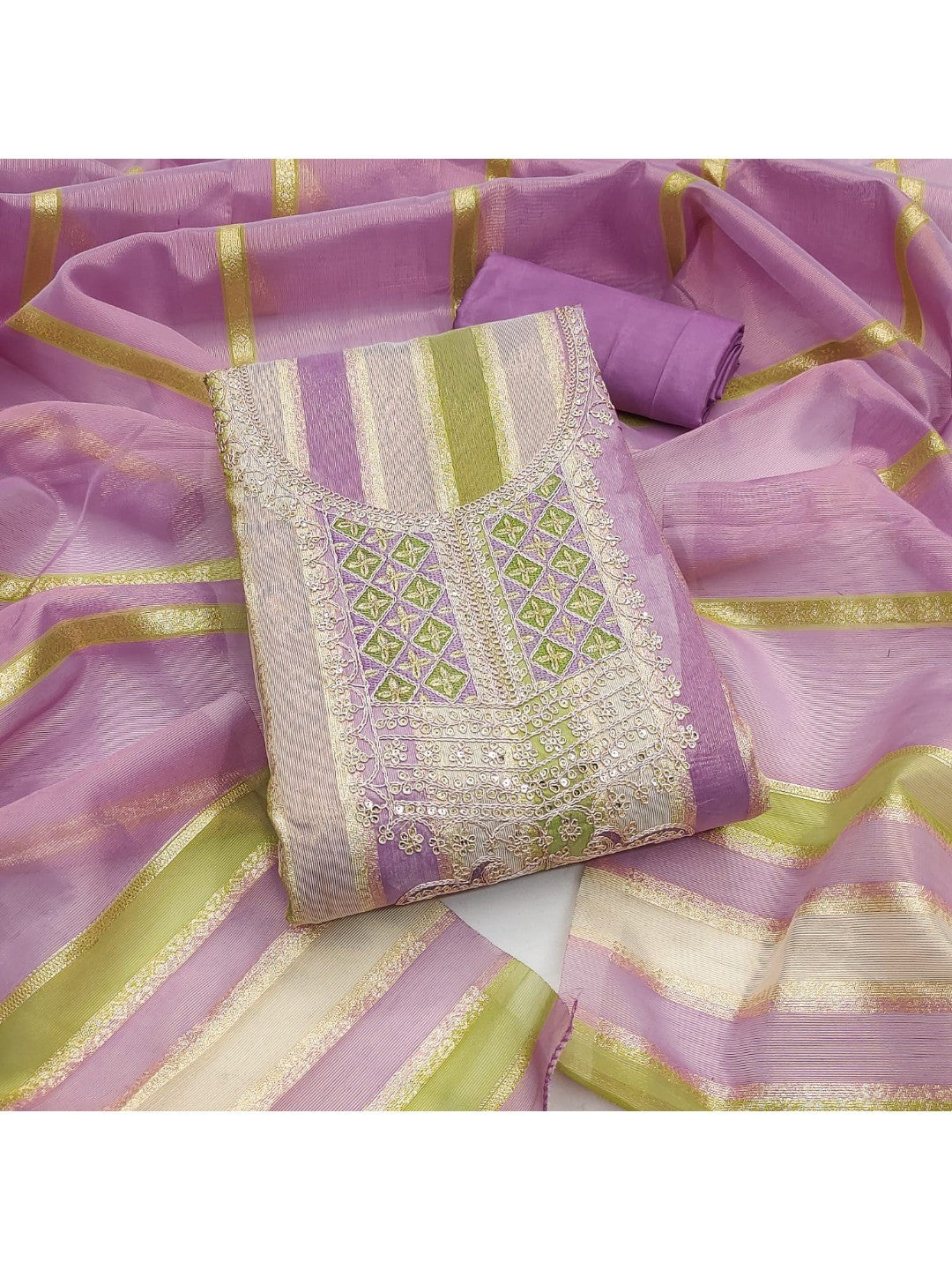 Radiant Lavender Striped Weaving Shimmer Dress Material With Elegant Cording Embroidery Work - Image 5