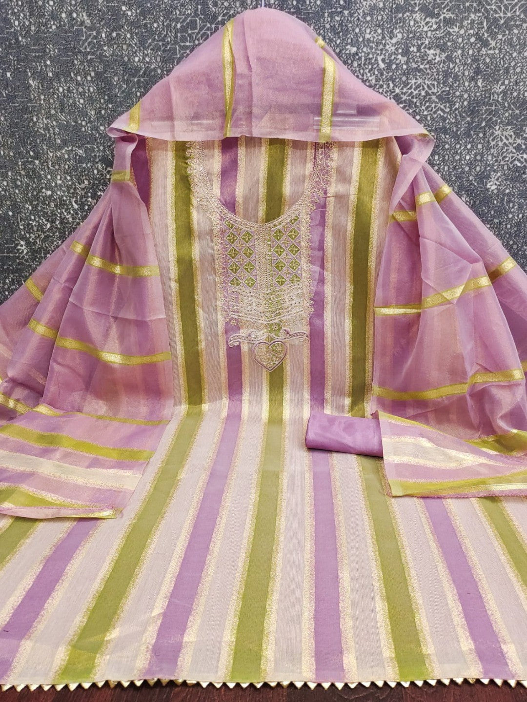 Radiant Lavender Striped Weaving Shimmer Dress Material With Elegant Cording Embroidery Work - Image 4