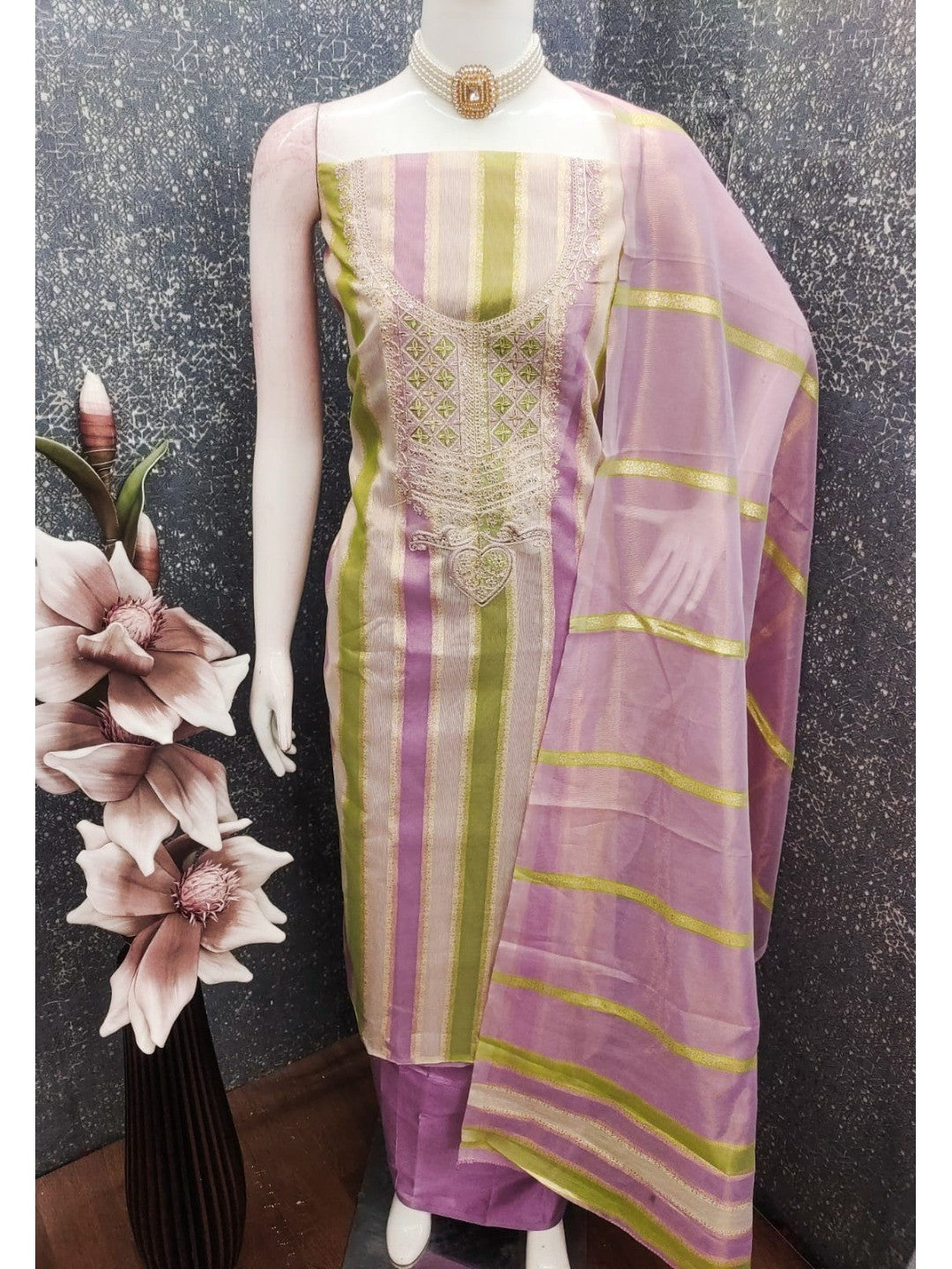 Radiant Lavender Striped Weaving Shimmer Dress Material With Elegant Cording Embroidery Work - Image 3