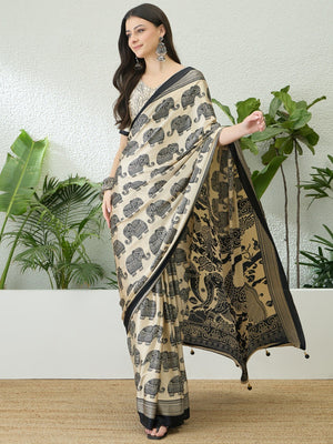 Cream Satin Saree with Elephant Print and Black Border - Image 1