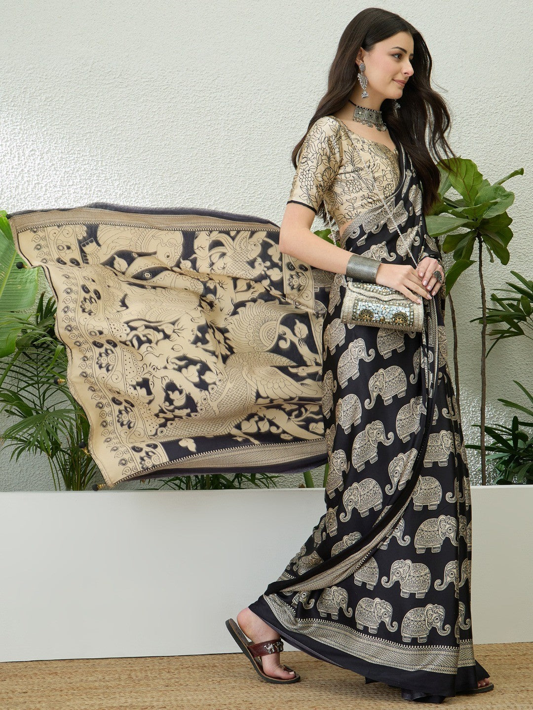 Premium Black Satin Saree With Artistic Elephant Print And Tassel Pallu Accent - Image 5