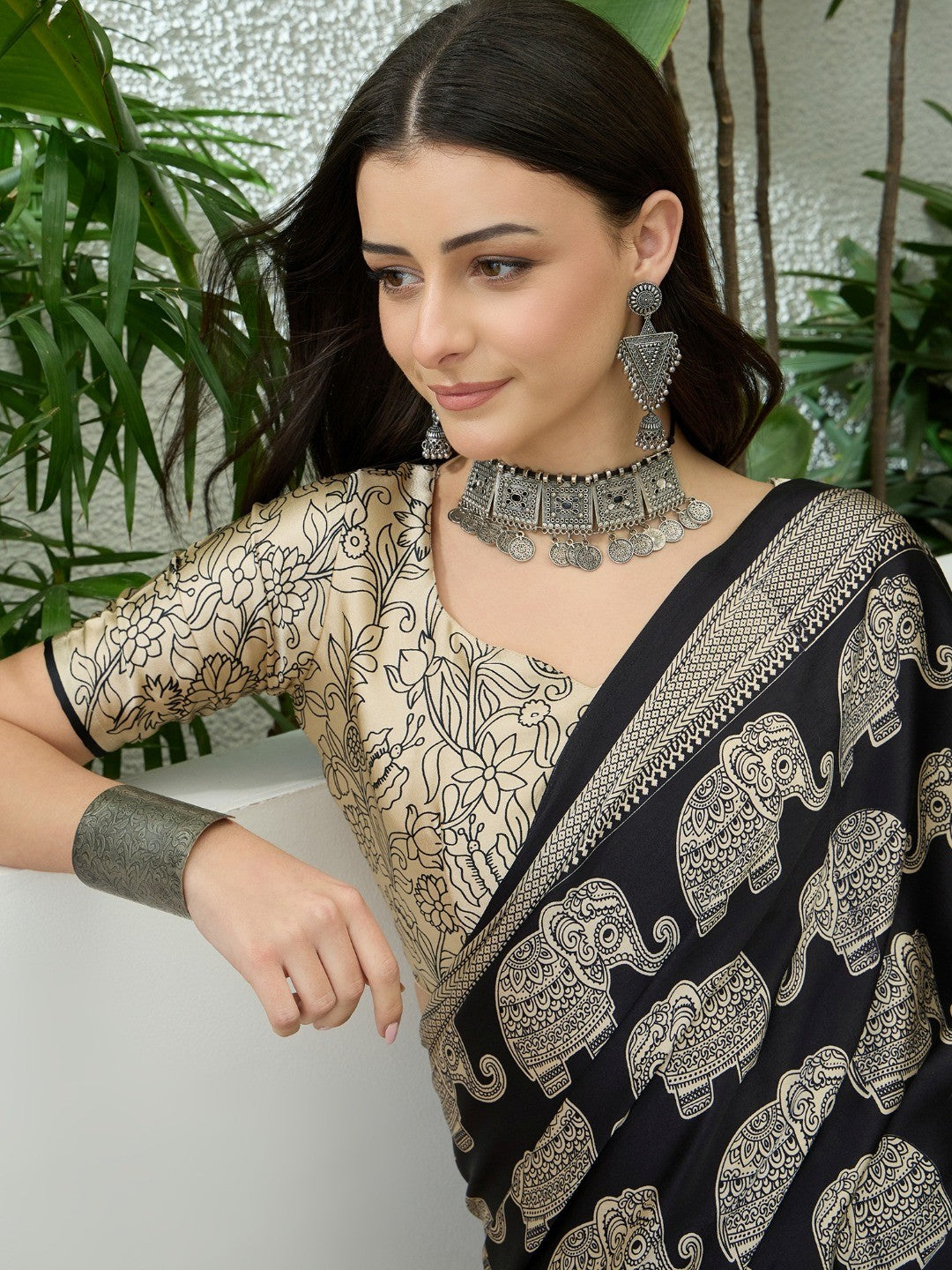 Premium Black Satin Saree With Artistic Elephant Print And Tassel Pallu Accent - Image 7