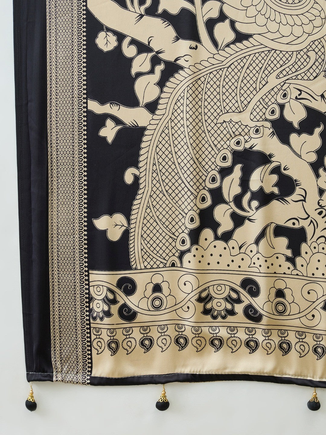 Premium Black Satin Saree With Artistic Elephant Print And Tassel Pallu Accent - Image 8