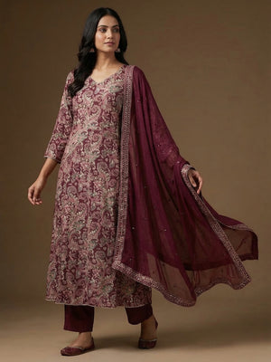 Women’s Festive Wine Printed Rayon Kurta Set with Dupatta - Image 1