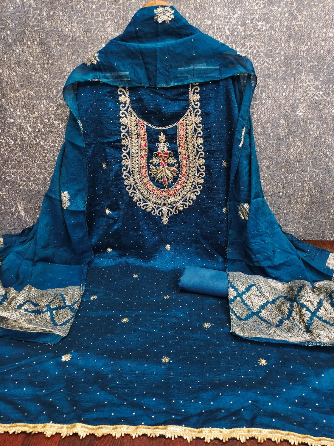 Classic Blue Floral Cording Embroidered Vichitra Silk Dress Material With Sequins & Swarovski Work - Image 6