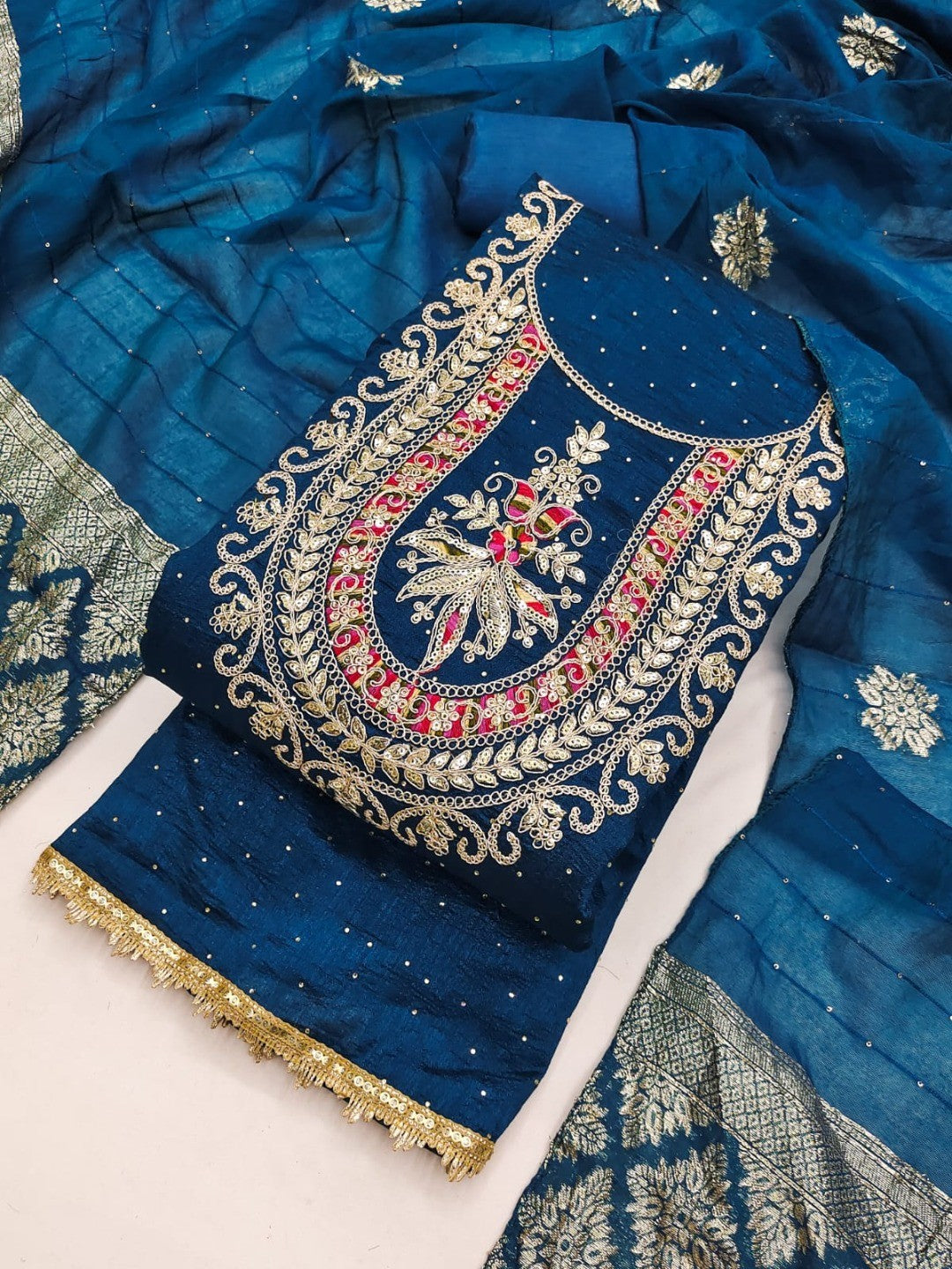 Classic Blue Floral Cording Embroidered Vichitra Silk Dress Material With Sequins & Swarovski Work - Image 5