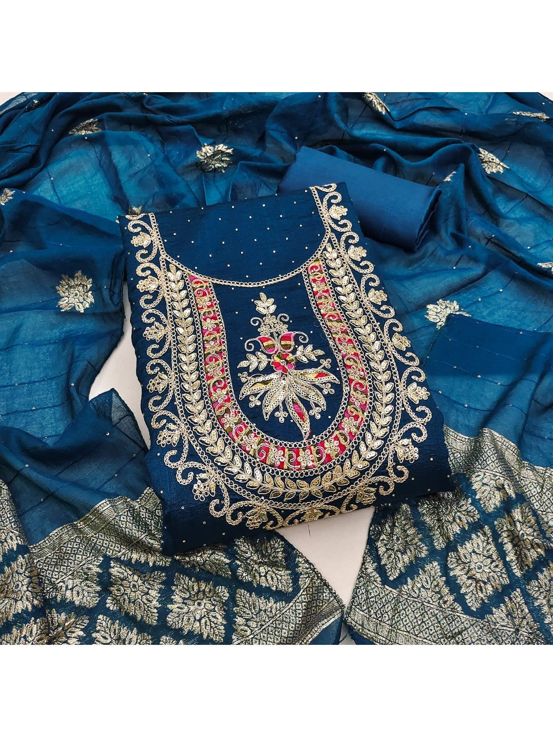 Classic Blue Floral Cording Embroidered Vichitra Silk Dress Material With Sequins & Swarovski Work - Image 1
