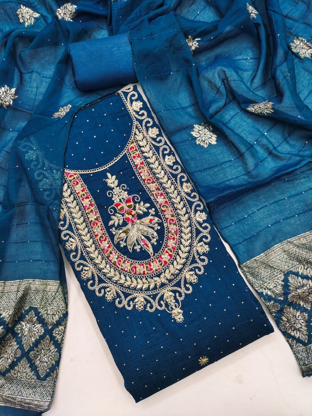 Classic Blue Floral Cording Embroidered Vichitra Silk Dress Material With Sequins & Swarovski Work - Image 3
