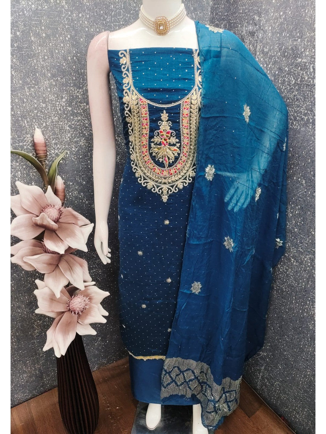 Classic Blue Floral Cording Embroidered Vichitra Silk Dress Material With Sequins & Swarovski Work - Image 4