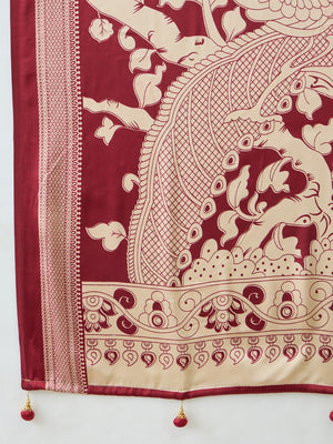 Fashionable Red Satin Saree with Artistic Abstract Printed Pattern - Image 2