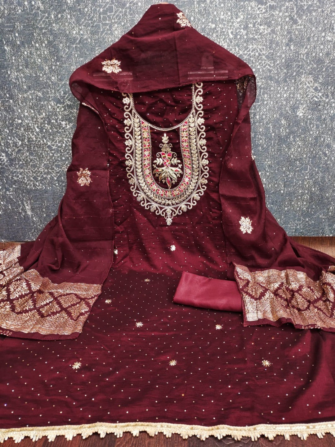 Classic Maroon Floral Cording Embroidered Vichitra Silk Dress Material With Sequins & Swarovski Work - Image 5