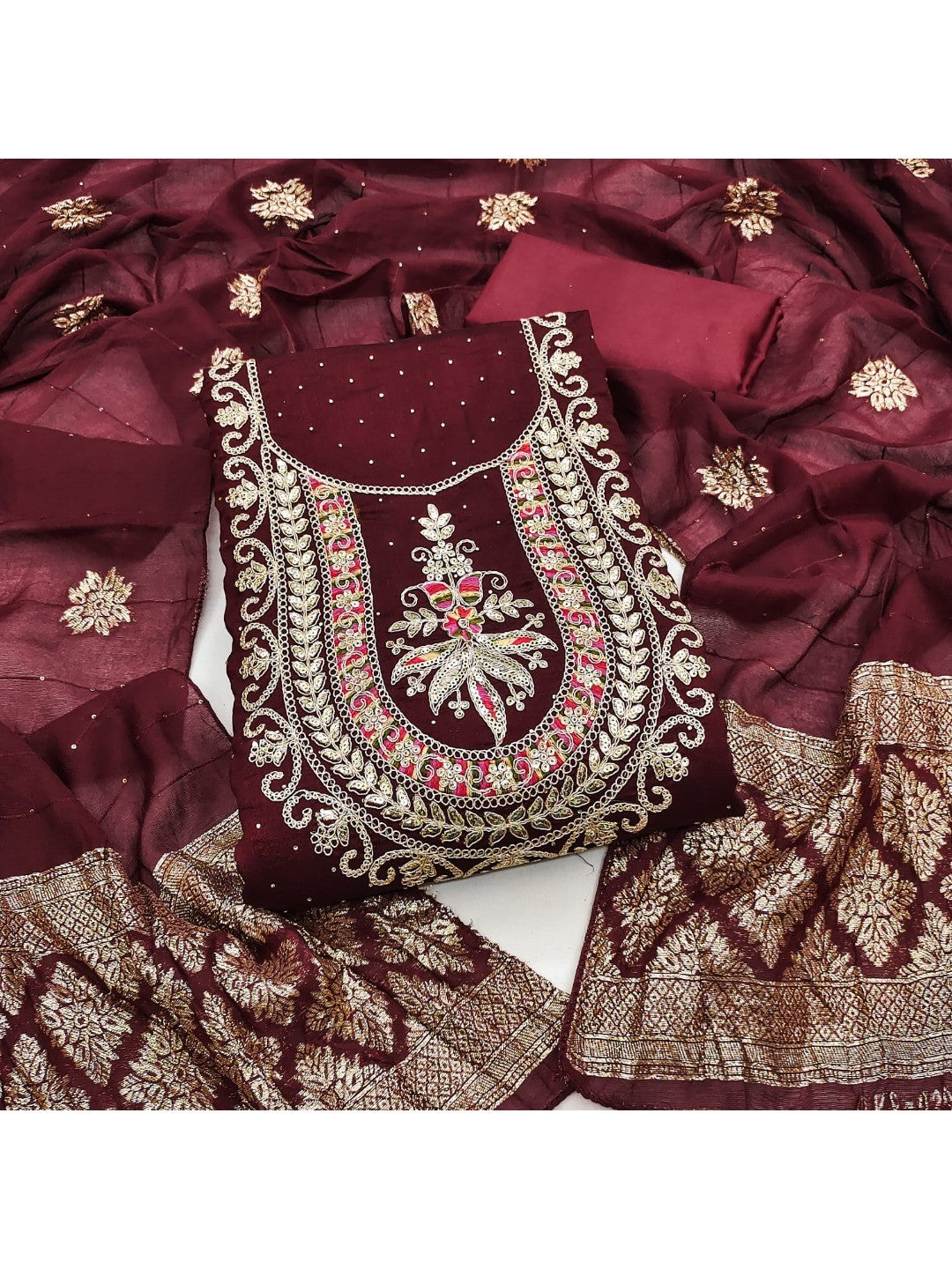 Classic Maroon Floral Cording Embroidered Vichitra Silk Dress Material With Sequins & Swarovski Work - Image 6
