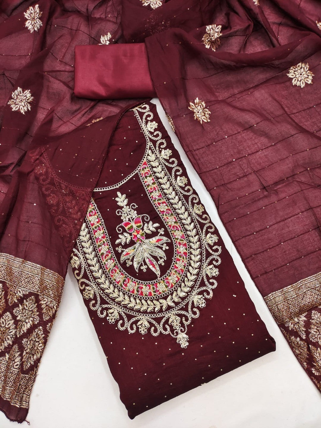 Classic Maroon Floral Cording Embroidered Vichitra Silk Dress Material With Sequins & Swarovski Work - Image 1