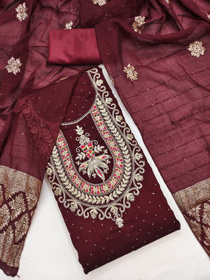 Classic Maroon Floral Cording Embroidered Vichitra Silk Dress Material With Sequins & Swarovski Work - Image 1