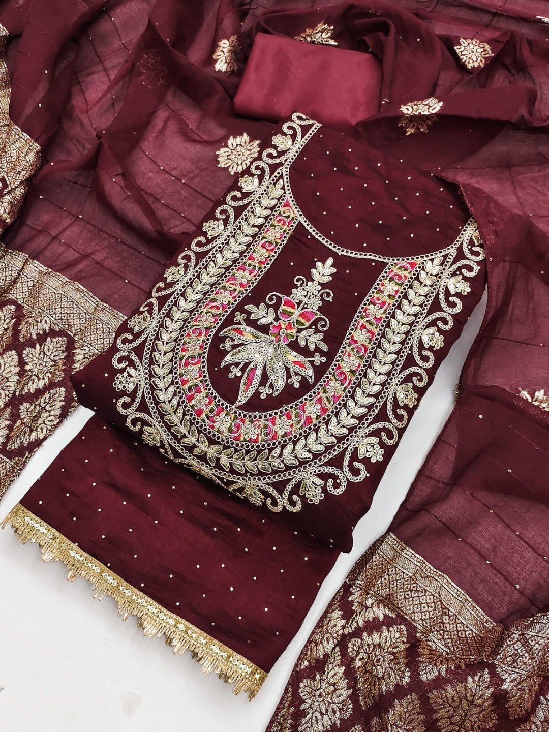 Classic Maroon Floral Cording Embroidered Vichitra Silk Dress Material With Sequins & Swarovski Work - Image 4