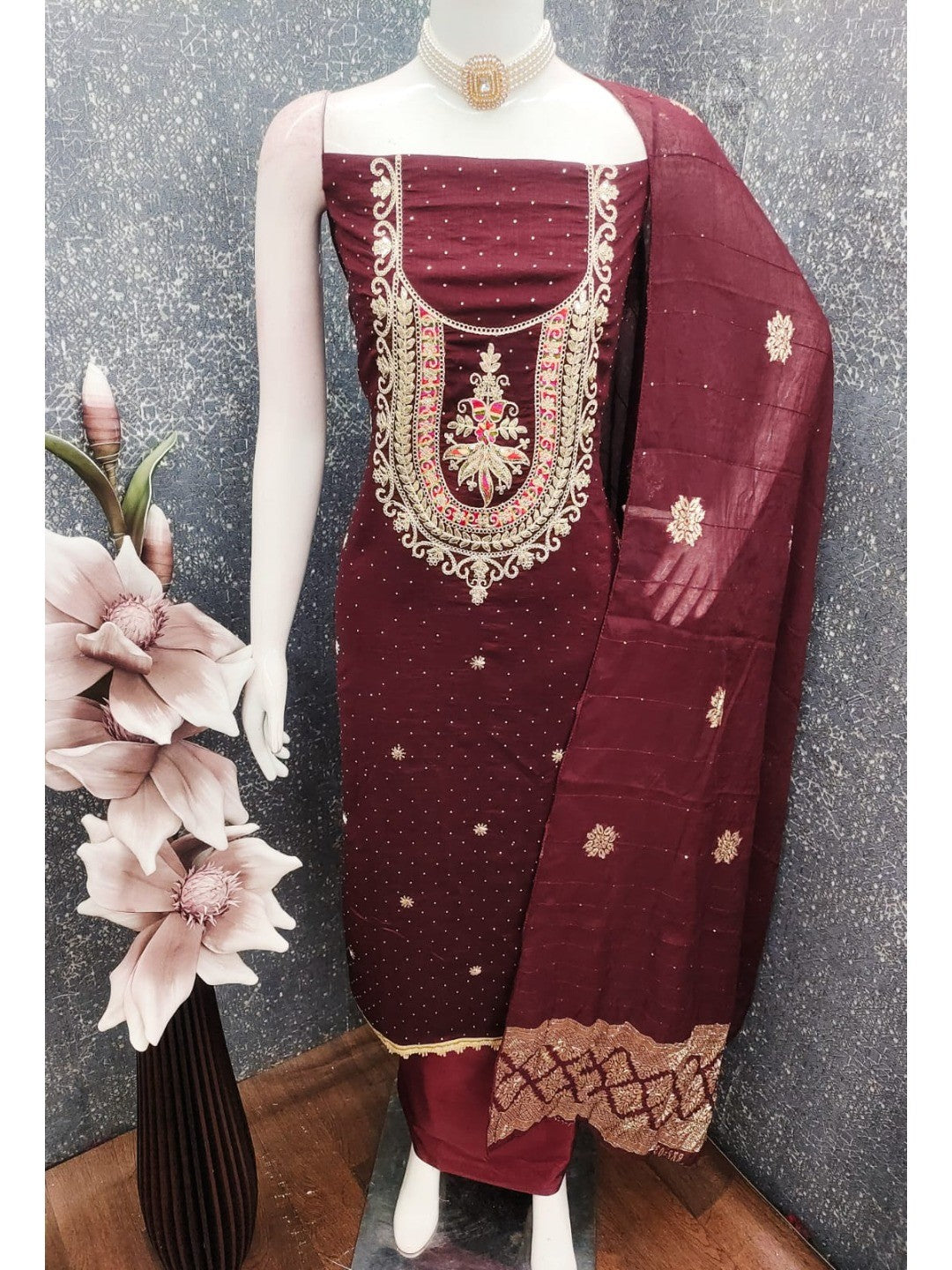 Classic Maroon Floral Cording Embroidered Vichitra Silk Dress Material With Sequins & Swarovski Work - Image 3