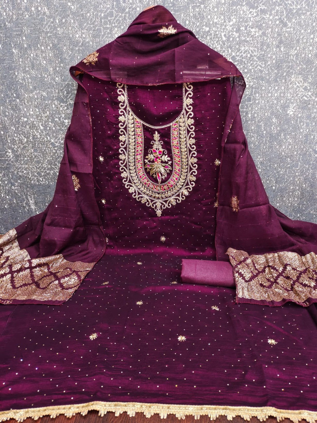Classic Wine Floral Cording Embroidered Vichitra Silk Dress Material With Sequins & Swarovski Work - Image 3