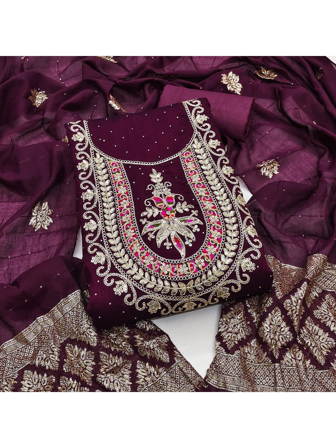 Classic Wine Floral Cording Embroidered Vichitra Silk Dress Material With Sequins & Swarovski Work - Image 4