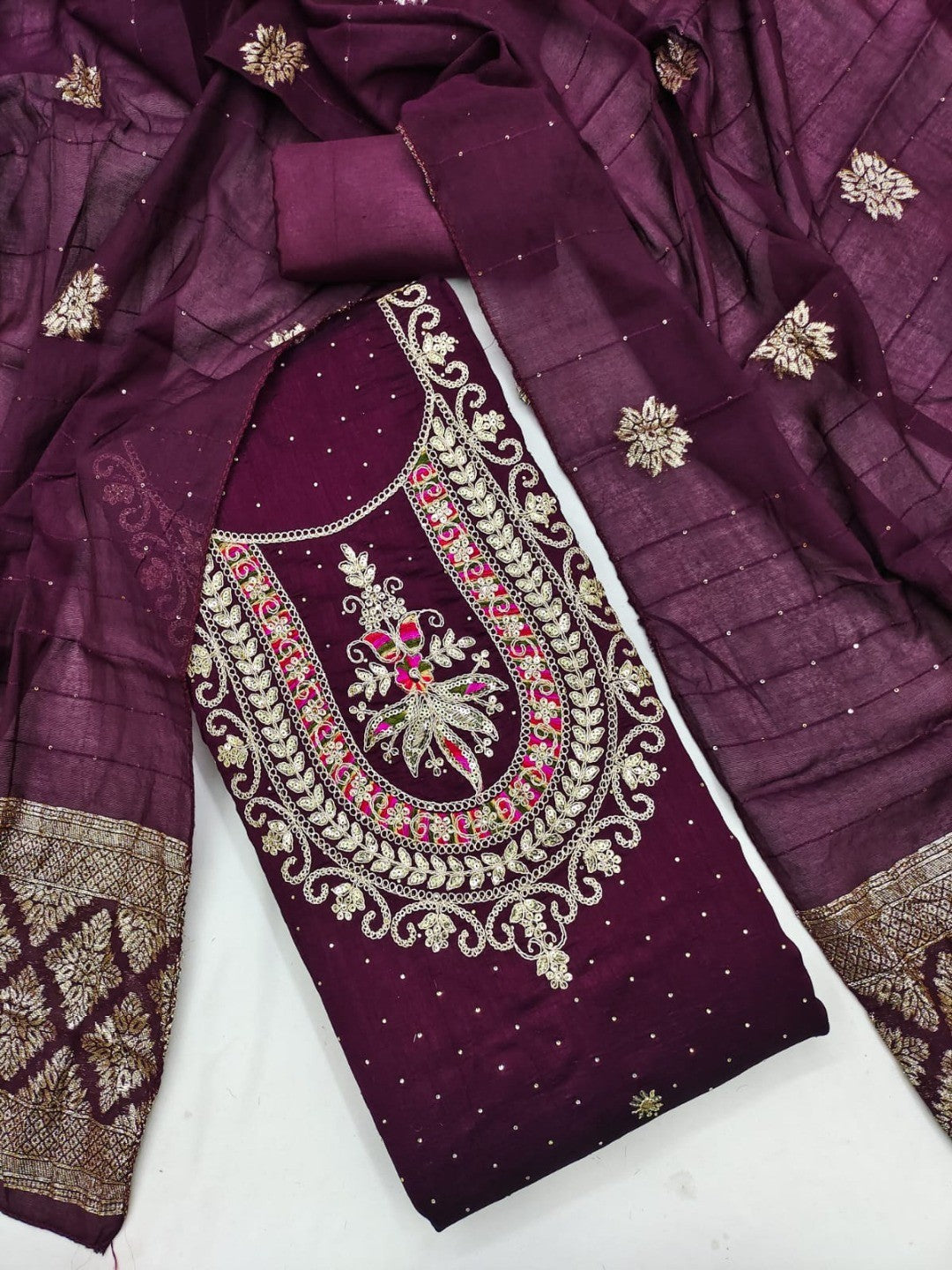 Classic Wine Floral Cording Embroidered Vichitra Silk Dress Material With Sequins & Swarovski Work - Image 1