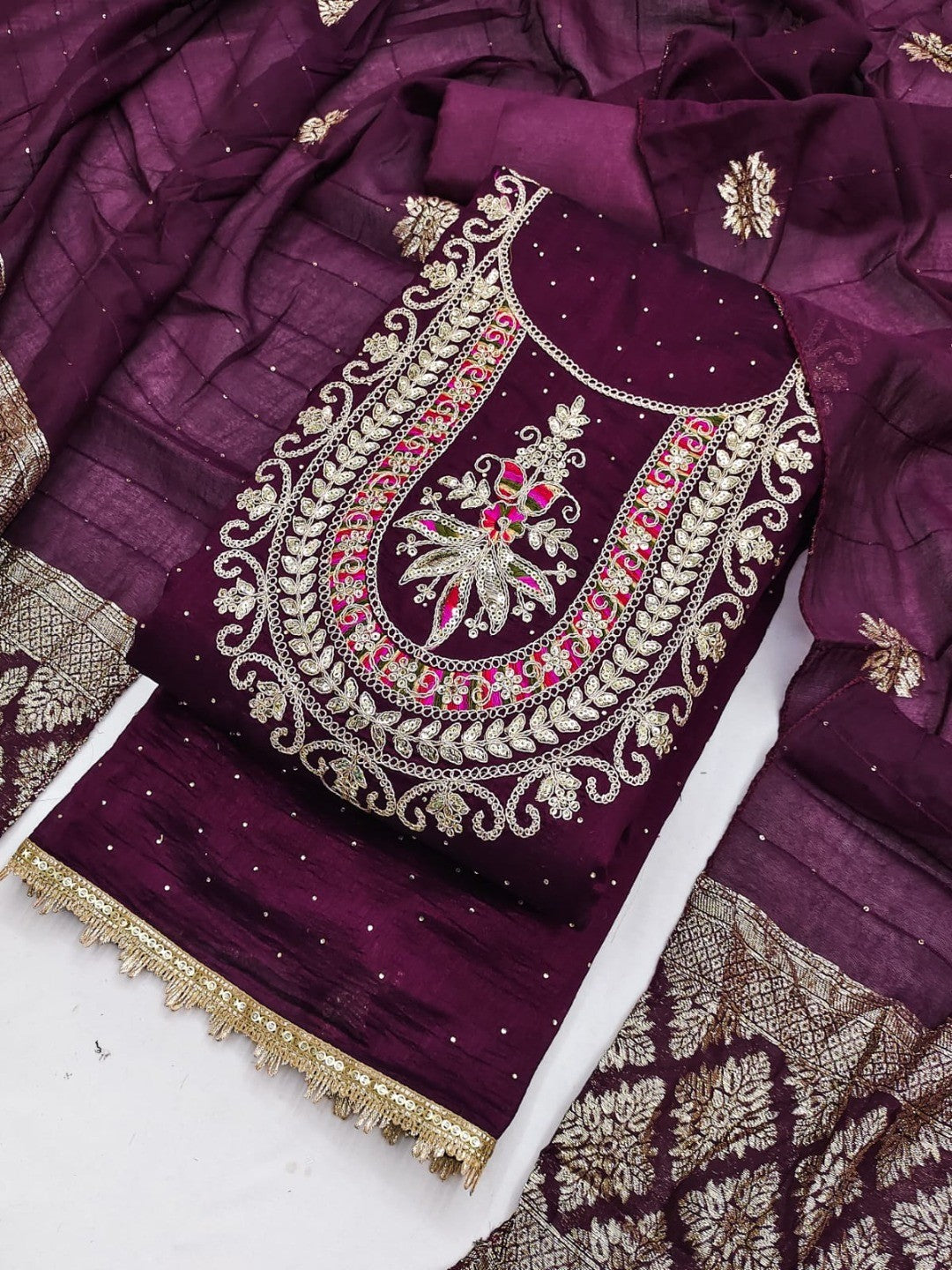 Classic Wine Floral Cording Embroidered Vichitra Silk Dress Material With Sequins & Swarovski Work - Image 6