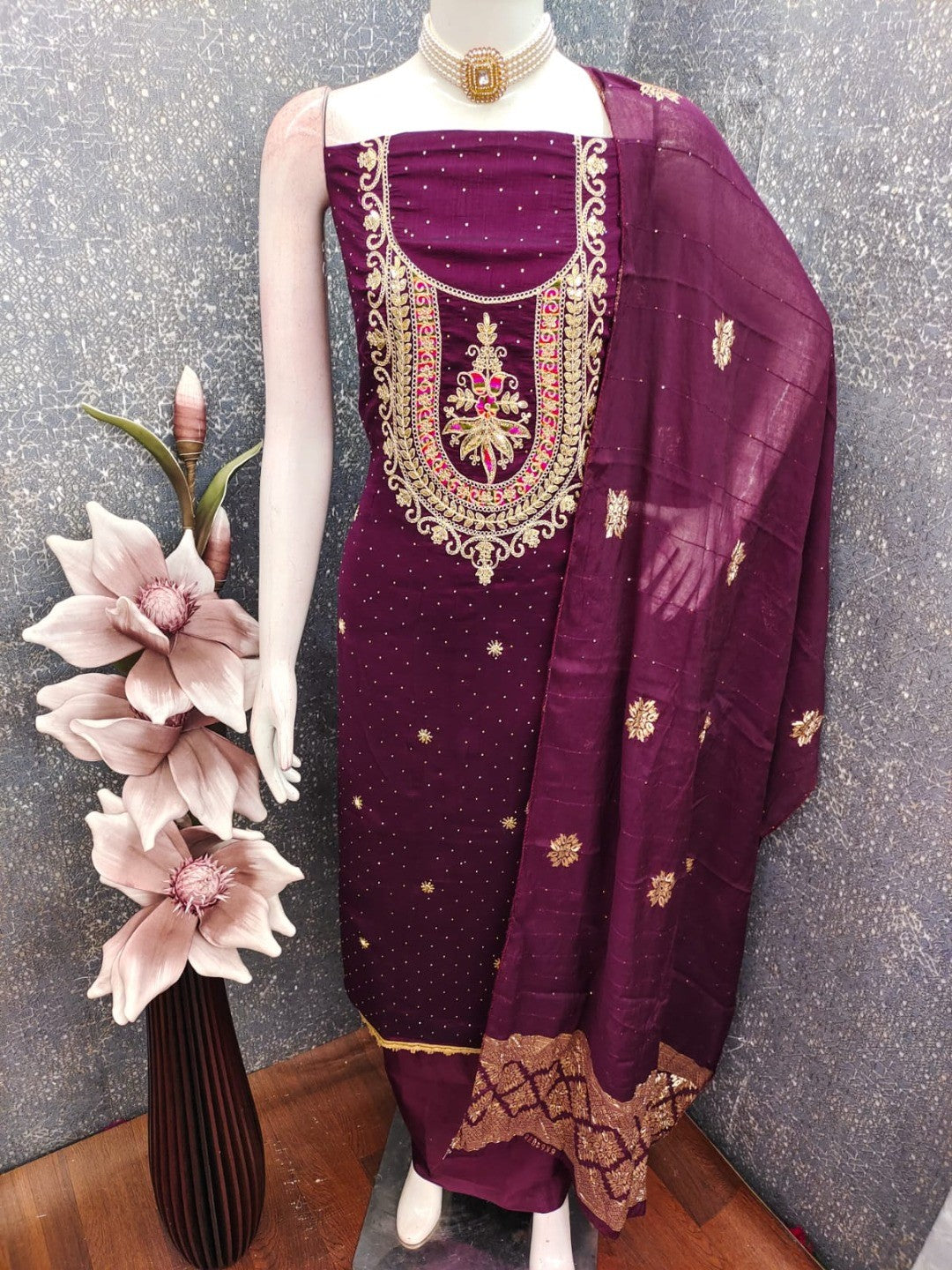 Classic Wine Floral Cording Embroidered Vichitra Silk Dress Material With Sequins & Swarovski Work - Image 5
