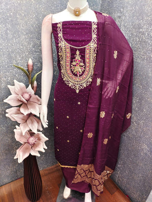 Classic Wine Floral Cording Embroidered Vichitra Silk Dress Material With Sequins & Swarovski Work - Image 2