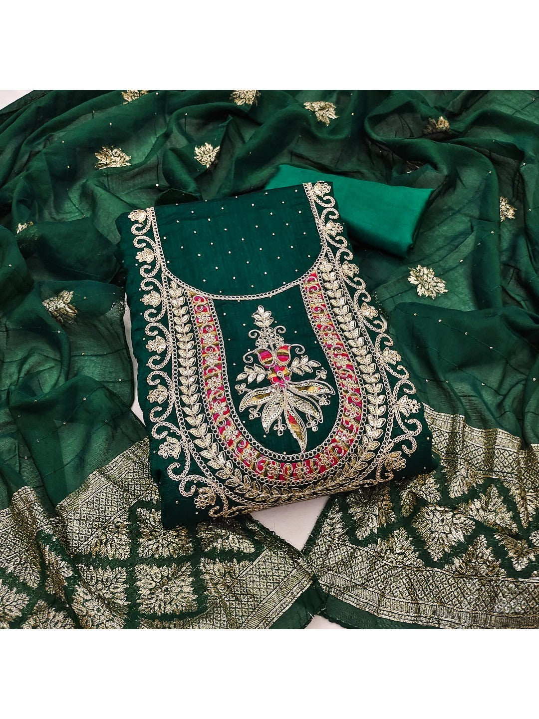 Classic Green Floral Cording Embroidered Vichitra Silk Dress Material With Sequins & Swarovski Work - Image 5