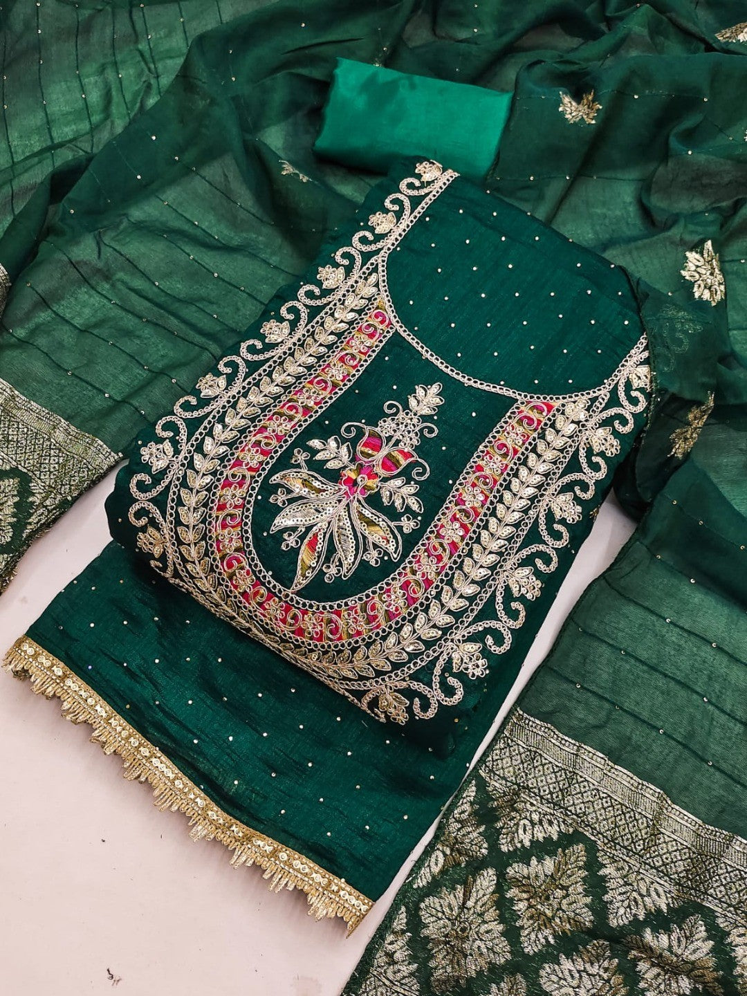 Classic Green Floral Cording Embroidered Vichitra Silk Dress Material With Sequins & Swarovski Work - Image 1