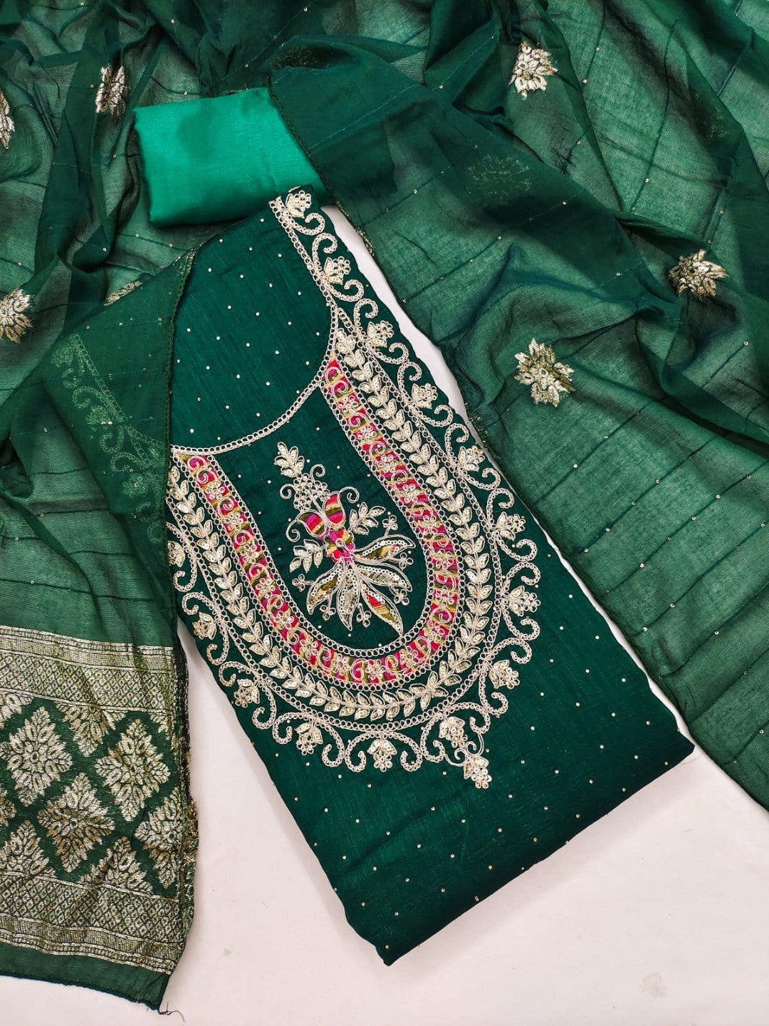 Classic Green Floral Cording Embroidered Vichitra Silk Dress Material With Sequins & Swarovski Work - Image 6