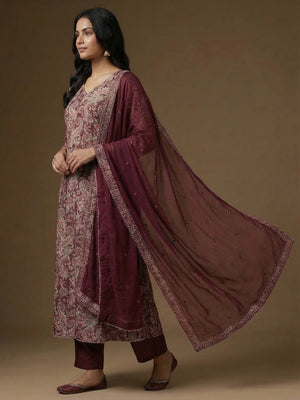Women’s Festive Wine Printed Rayon Kurta Set with Dupatta - Image 2