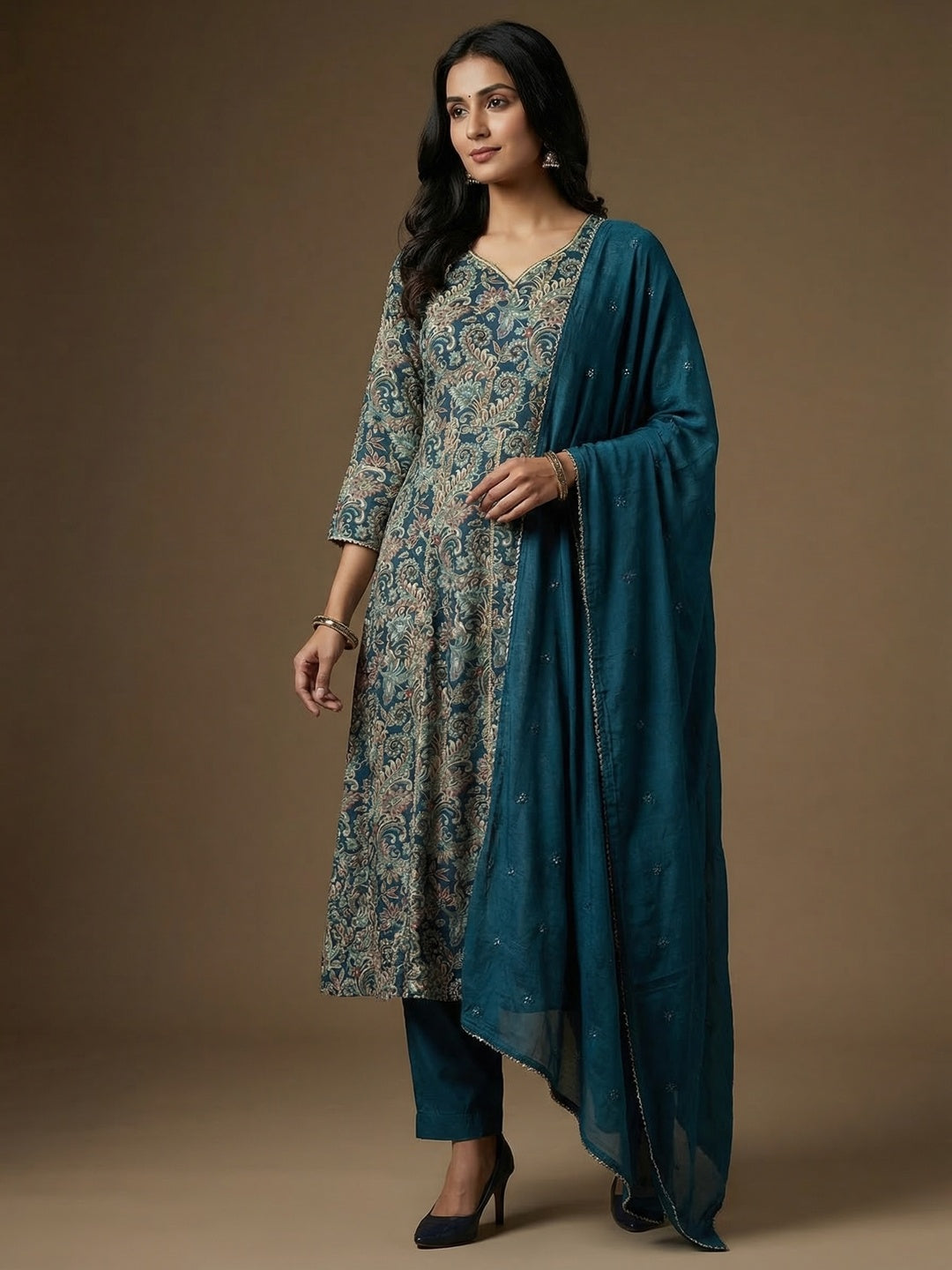 Festive Wear Teal Rayon Paisley Printed A-Line Kurta Salwar Suit with Dupatta - Image 1