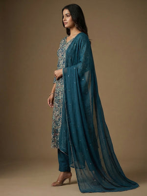 Festive Wear Teal Rayon Paisley Printed A-Line Kurta Salwar Suit with Dupatta - Image 2