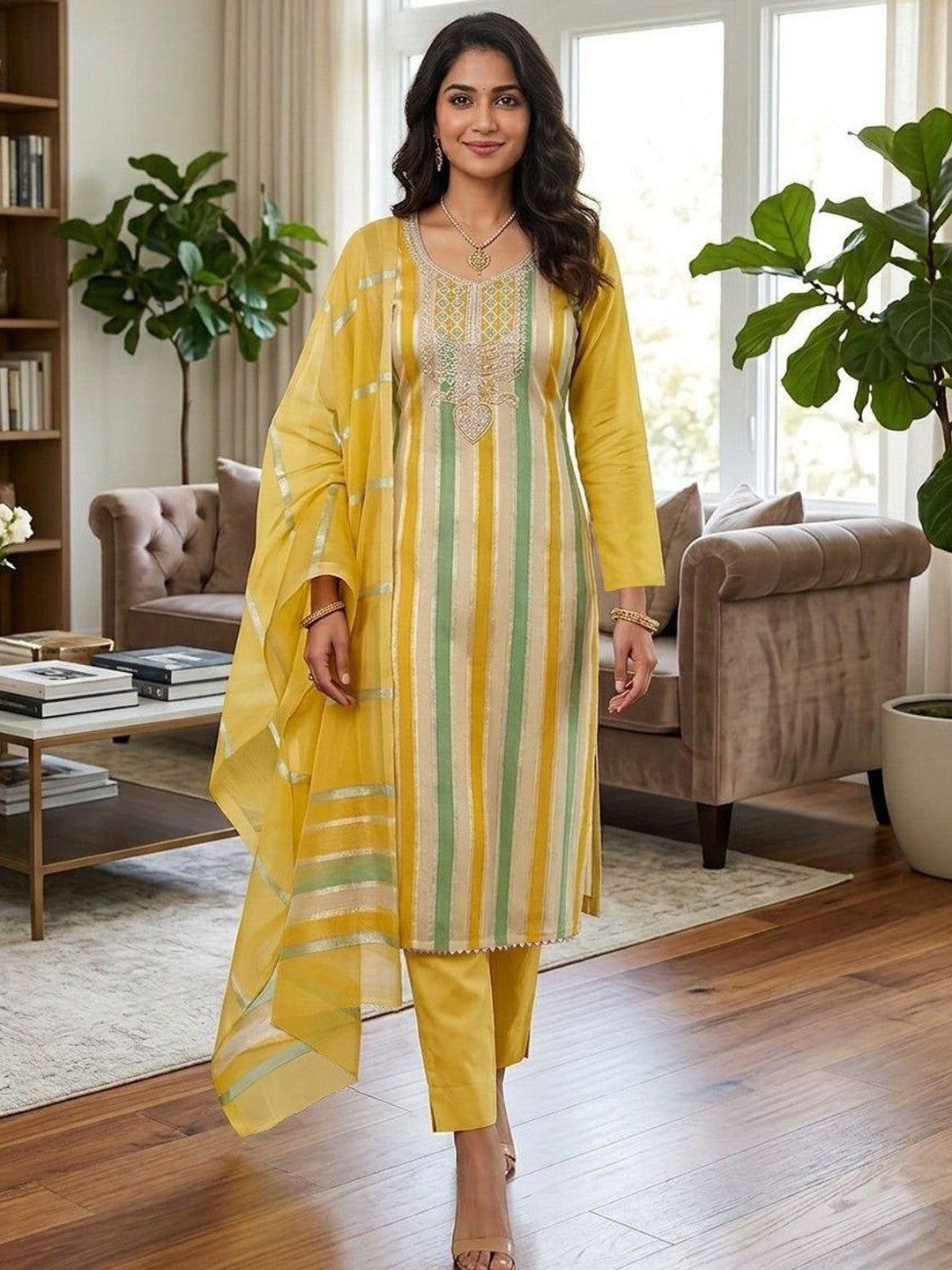 Radiant Yellow Striped Weaving Shimmer Dress Material With Elegant Cording Embroidery Work - Image 2