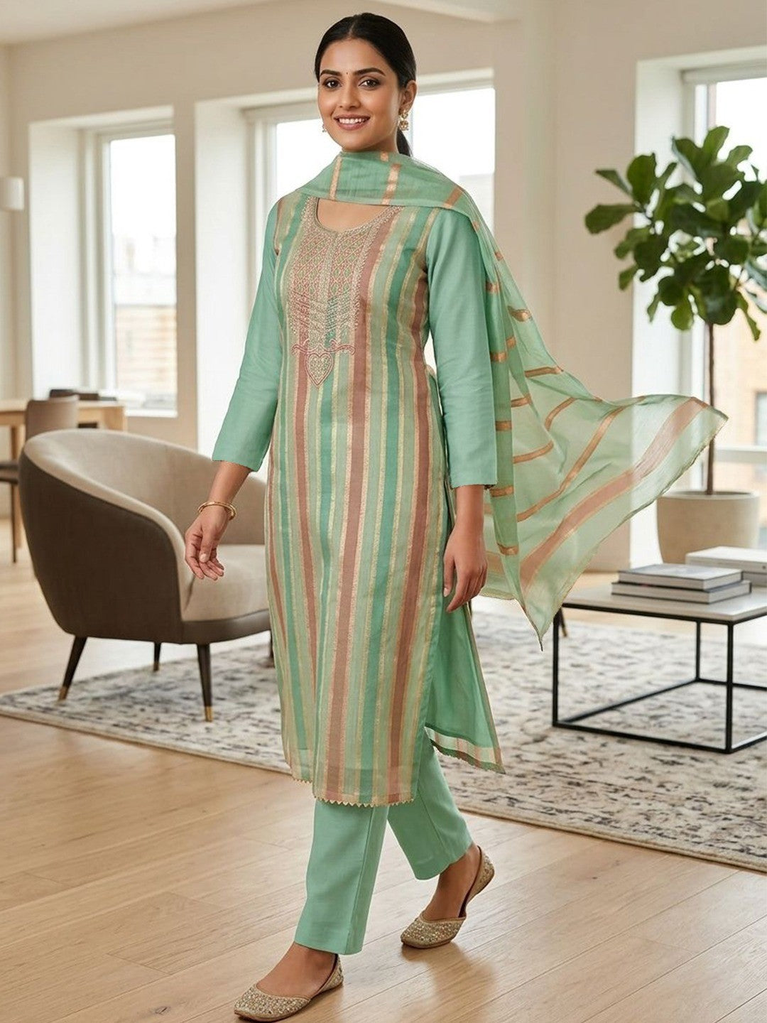 Radiant Green Striped Weaving Shimmer Dress Material With Elegant Cording Embroidery Work - Image 2