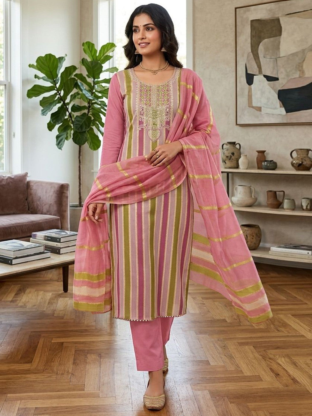 Radiant Pink Striped Weaving Shimmer Dress Material With Elegant Cording Embroidery Work - Image 2