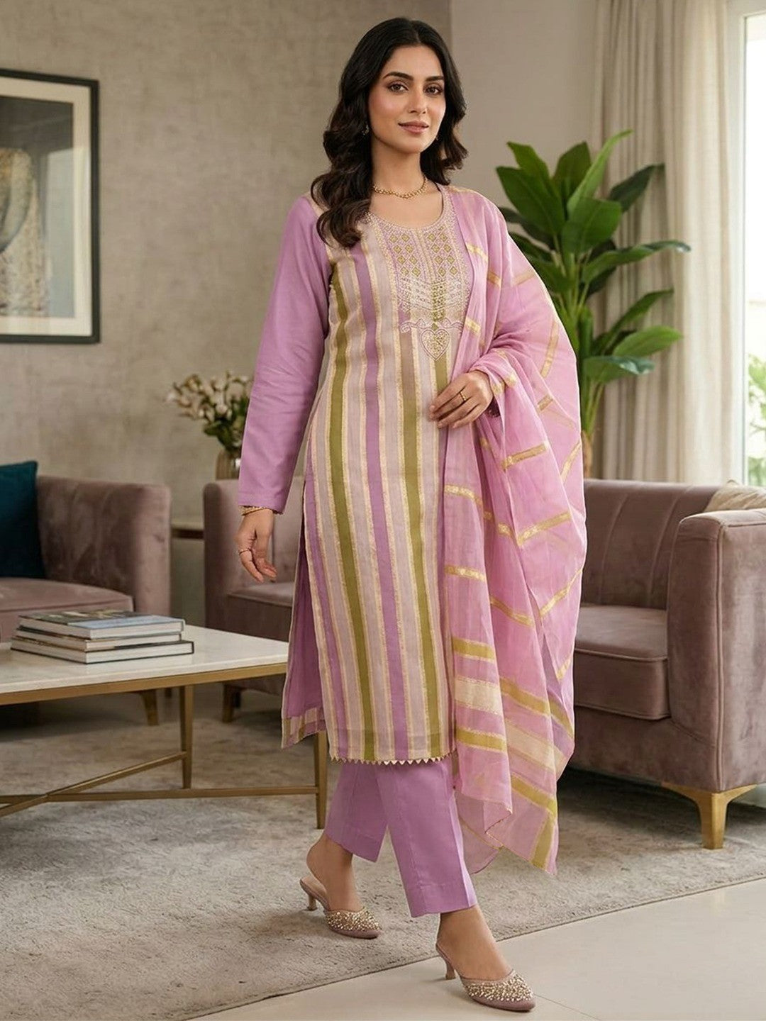 Radiant Lavender Striped Weaving Shimmer Dress Material With Elegant Cording Embroidery Work - Image 2
