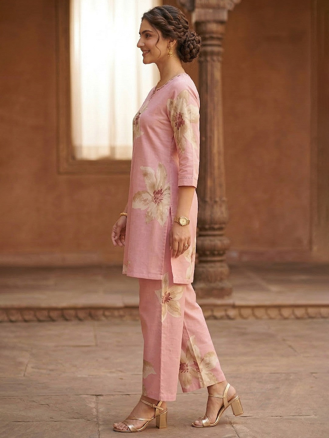 Pink Floral Printed Pure Cotton Co-Ord Set for Casual Ethnic Styling - Image 2