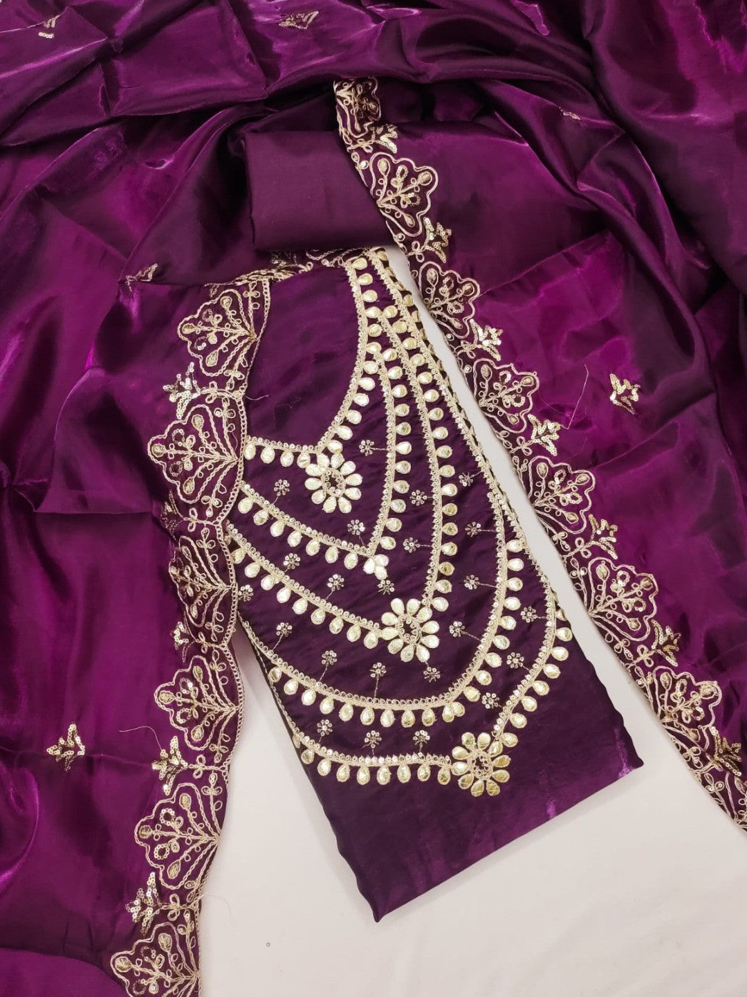 Stunning Purple Floral Art Silk Dress Material Adorned With Gota Patti & Sequins Embroidery - Image 5