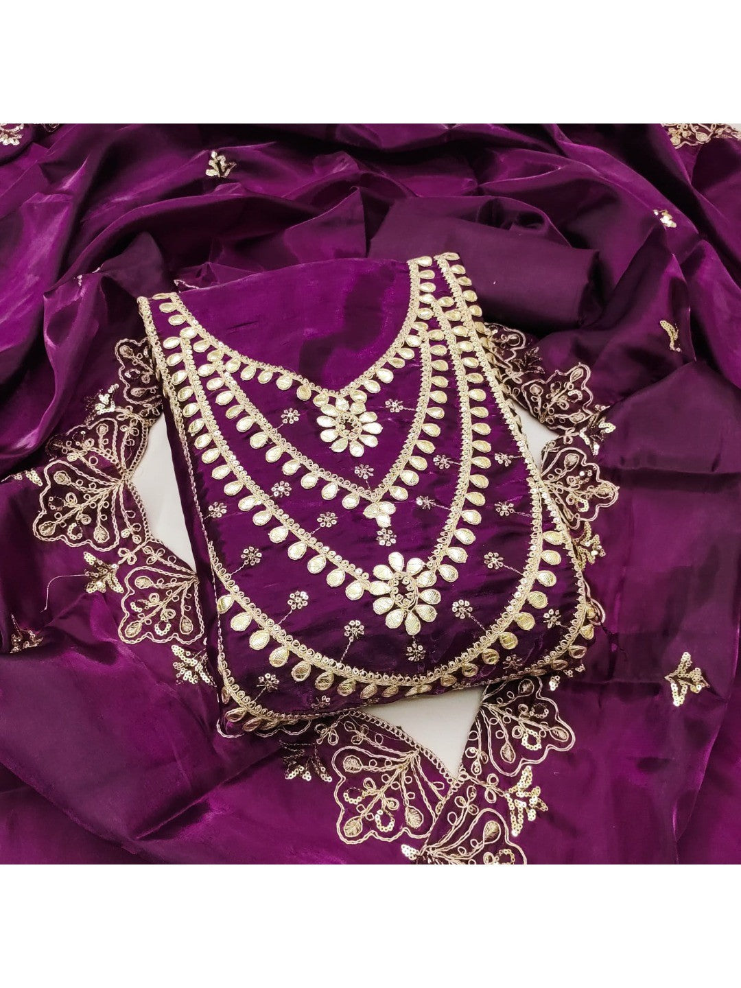 Stunning Purple Floral Art Silk Dress Material Adorned With Gota Patti & Sequins Embroidery - Image 7