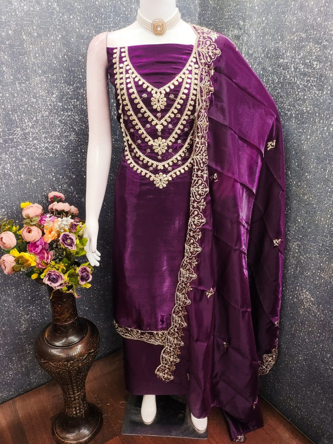 Stunning Purple Floral Art Silk Dress Material Adorned With Gota Patti & Sequins Embroidery - Image 6