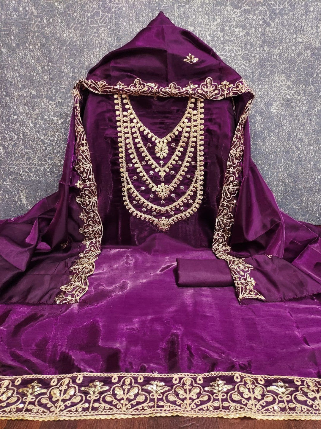 Stunning Purple Floral Art Silk Dress Material Adorned With Gota Patti & Sequins Embroidery - Image 3