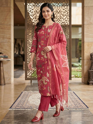 Rani Pink Viscose Floral Print Straight Cut Salwar Suit Set for Effortless Traditional Fashion - Image 1