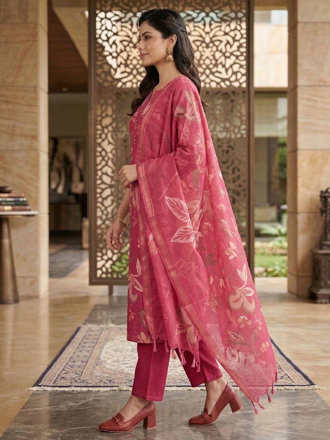 Rani Pink Viscose Floral Print Straight Cut Salwar Suit Set for Effortless Traditional Fashion - Image 4