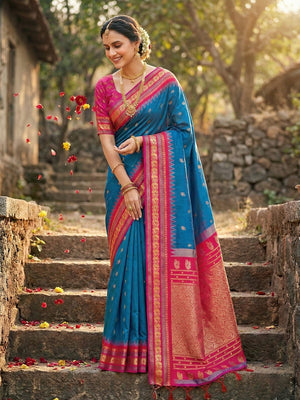Ethnic Blue Silk Blend Saree with Graceful Pink Border Finish - Image 1