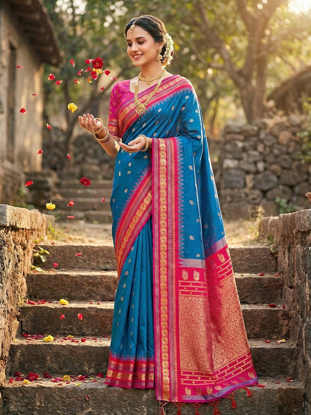 Ethnic Blue Silk Blend Saree with Graceful Pink Border Finish - Image 2
